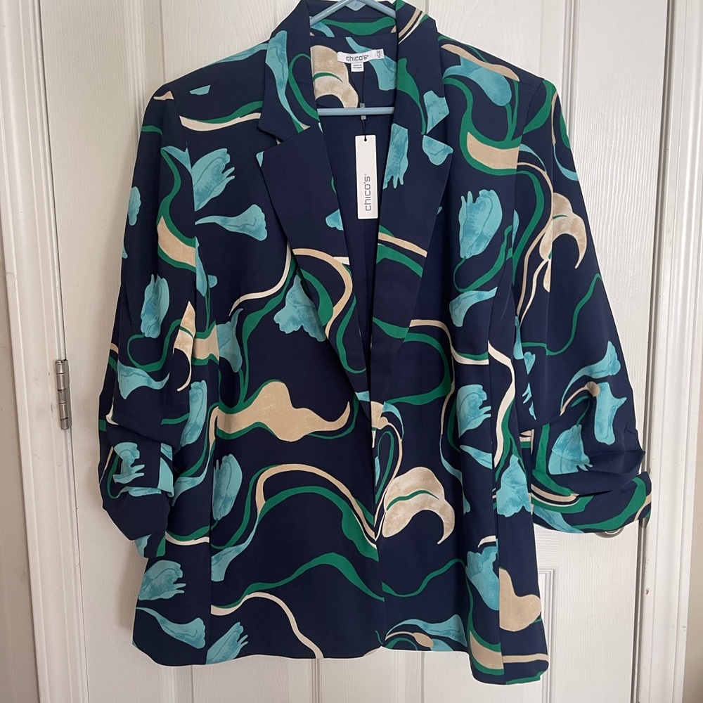Chico's Navy, Light Blue, Green and Cream Abstract Blazer
